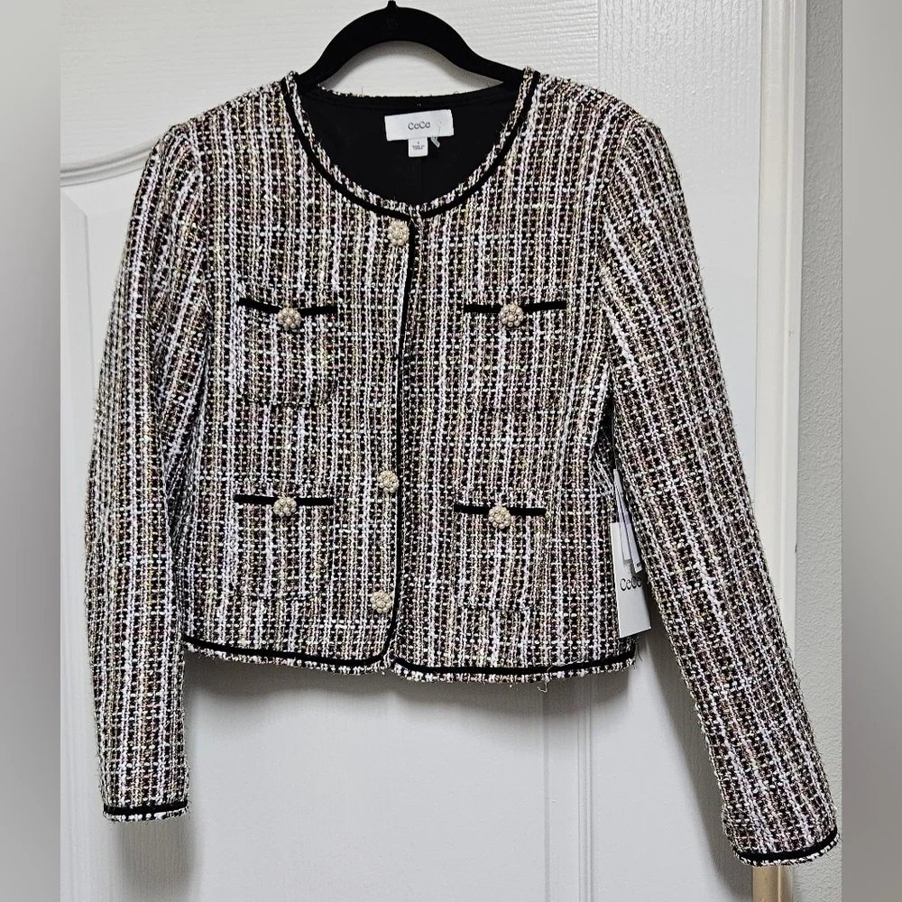 CeCe Collarless Patch Pocket Tweed Jacket - Black, Cream and Pink.